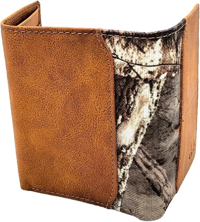 Realtree Camo Slim Card Holder Money Clip Wallets for Men (Edge Camo Burnished Tan Leather Trifold Wallet)