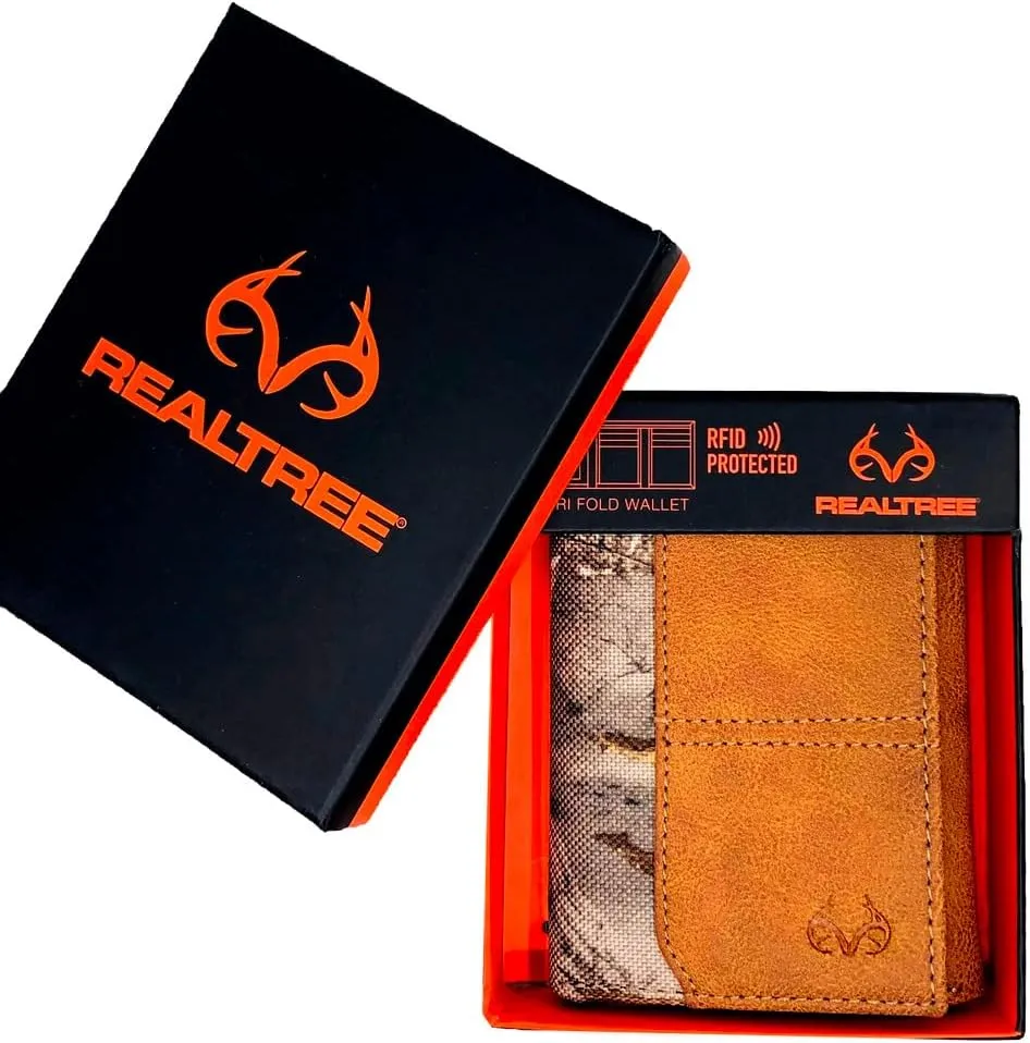 Realtree Camo Slim Card Holder Money Clip Wallets for Men (Edge Camo Burnished Tan Leather Trifold Wallet)