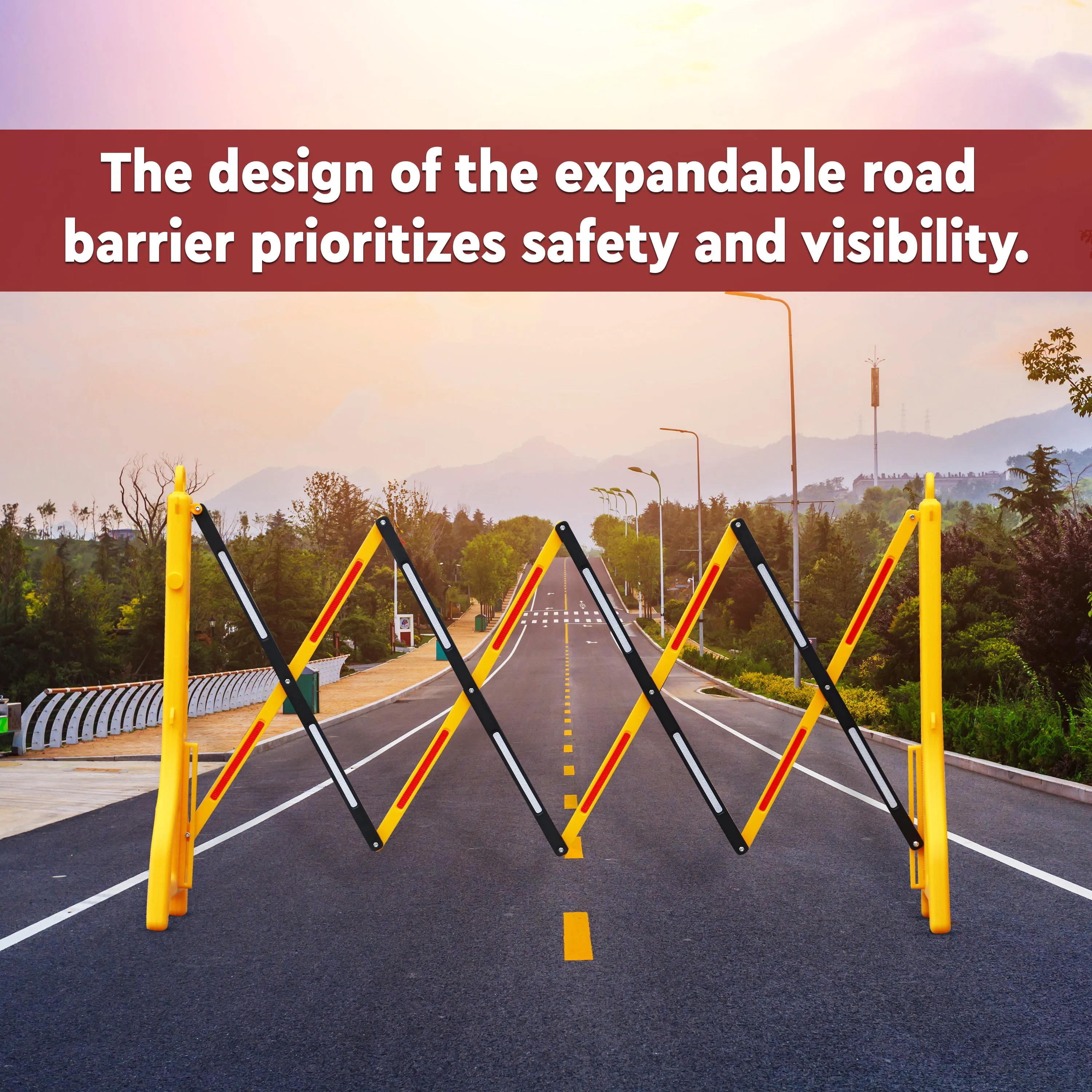Robustt Yellow & Red Expandable Barricade for Road Safety, 8.3 Feet, Adjustable Road Barricade with Reflective Strips