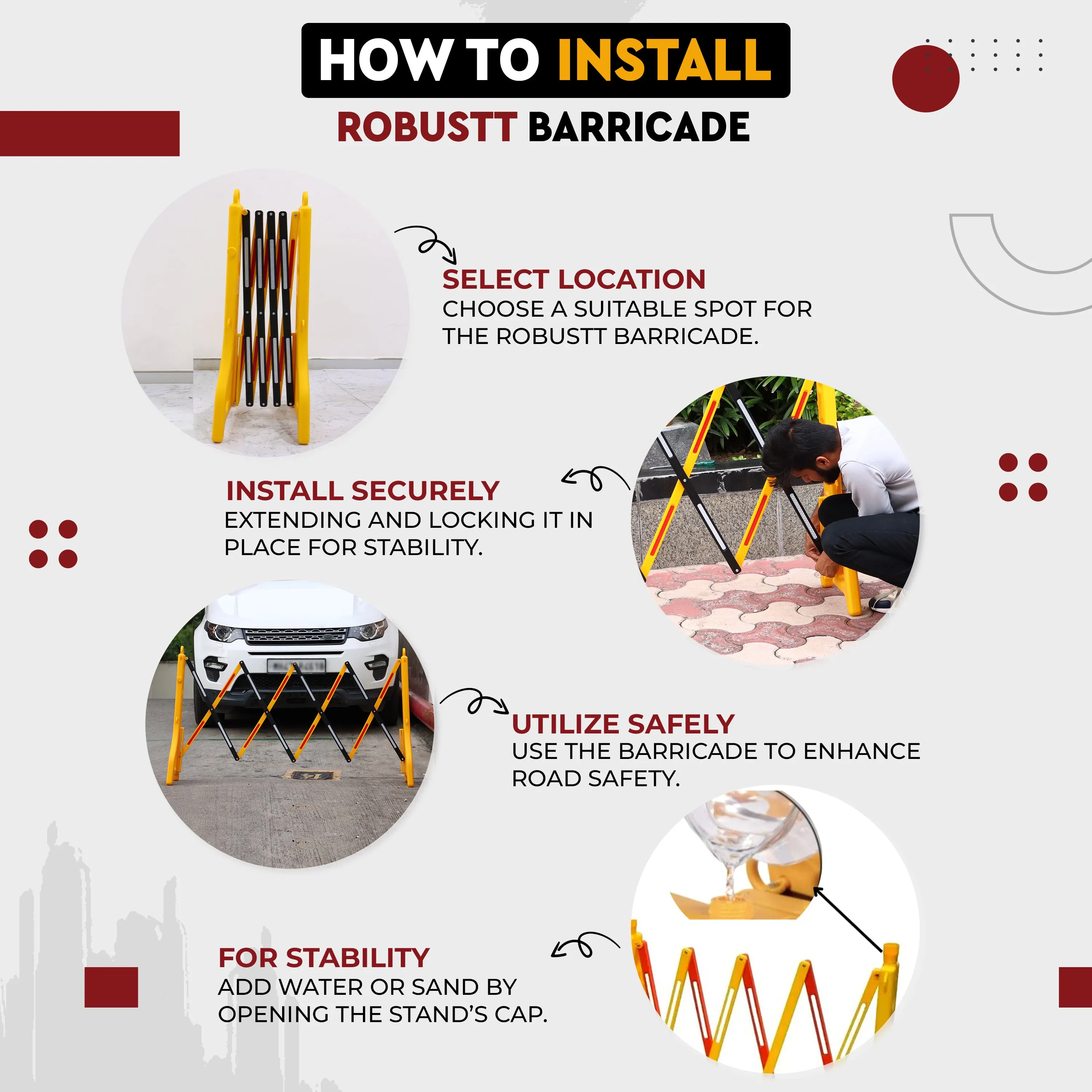 Robustt Yellow & Red Expandable Barricade for Road Safety, 8.3 Feet, Adjustable Road Barricade with Reflective Strips