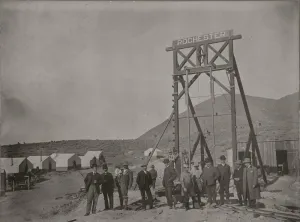 Rochester Gold Mining Company Goldfield Nevada Ca 1904 Very Early Image Of Dignitaries And A Gallows Frame Of One Of Goldfields Earliest Ventures Buildings Near Mining Works Are Still In The Form Of T