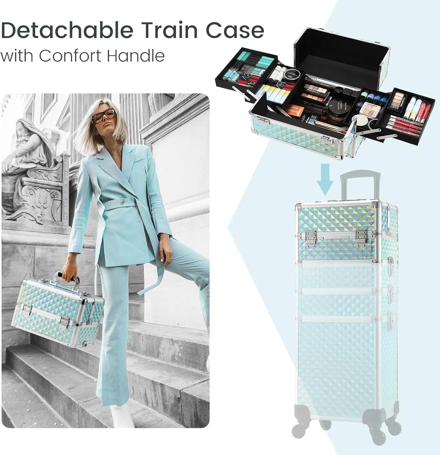 Rolling Makeup Case with Wheels 4 in 1 Cosmetic Trolley and Cosmetology Cart Trunk for Makeup Artists Hairstylists Nail Techs Salons Large Capacity Turquoise
