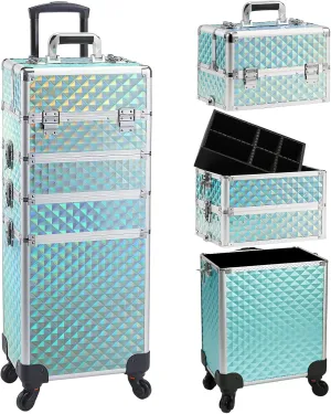 Rolling Makeup Case with Wheels 4 in 1 Cosmetic Trolley and Cosmetology Cart Trunk for Makeup Artists Hairstylists Nail Techs Salons Large Capacity Turquoise