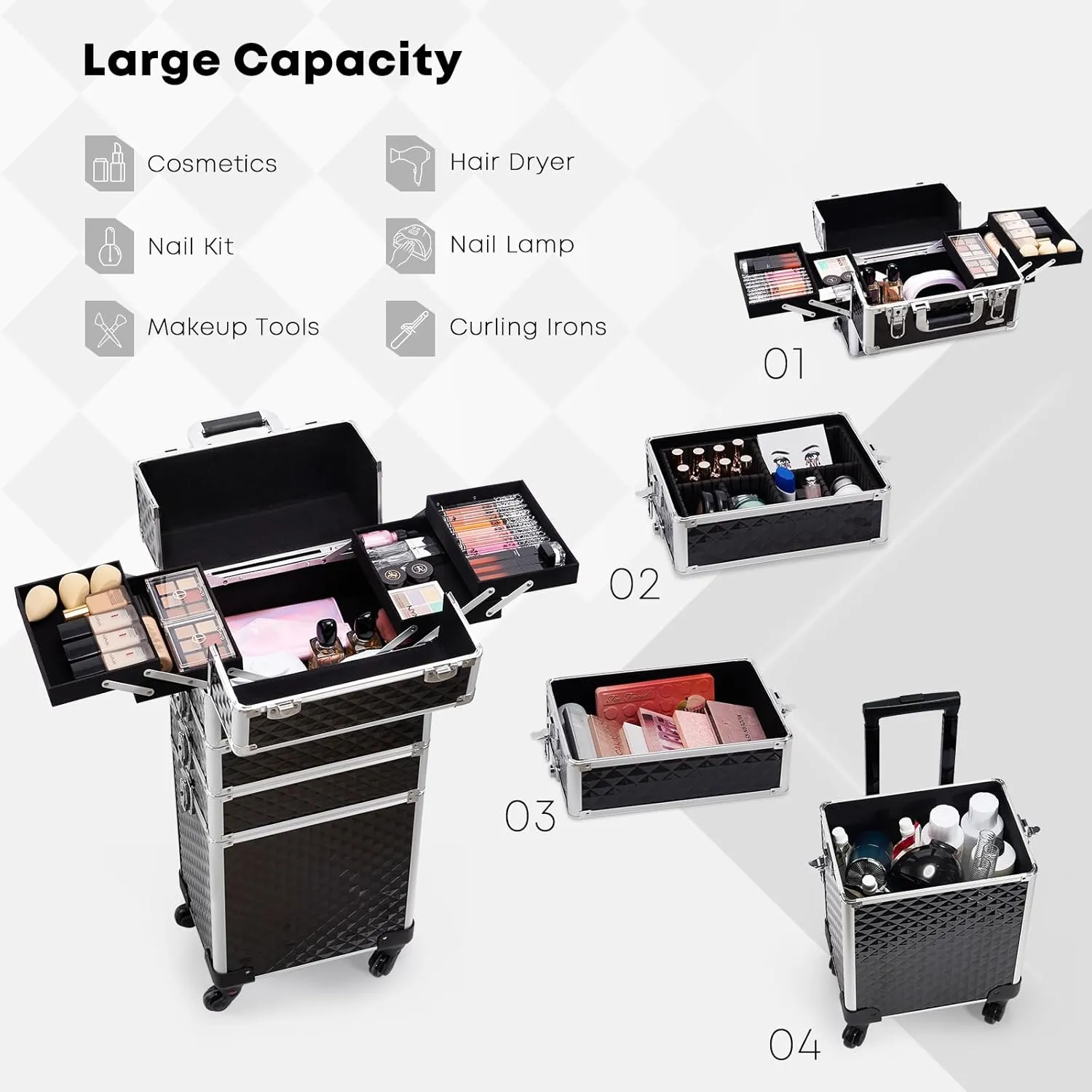 Rolling Makeup Case with Wheels Professional 4 in 1 Cosmetic Train Case and Cosmetology Cart Trunk for Makeup Artists Hairstylists Nail Techs and Salons Large Storage Capacity, Black