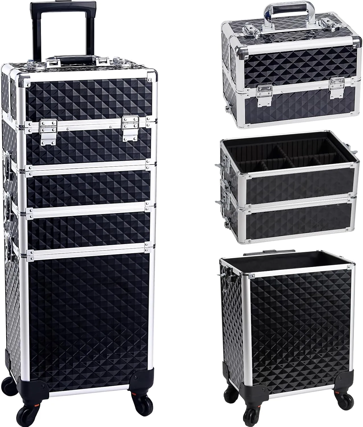 Rolling Makeup Case with Wheels Professional 4 in 1 Cosmetic Train Case and Cosmetology Cart Trunk for Makeup Artists Hairstylists Nail Techs and Salons Large Storage Capacity, Black