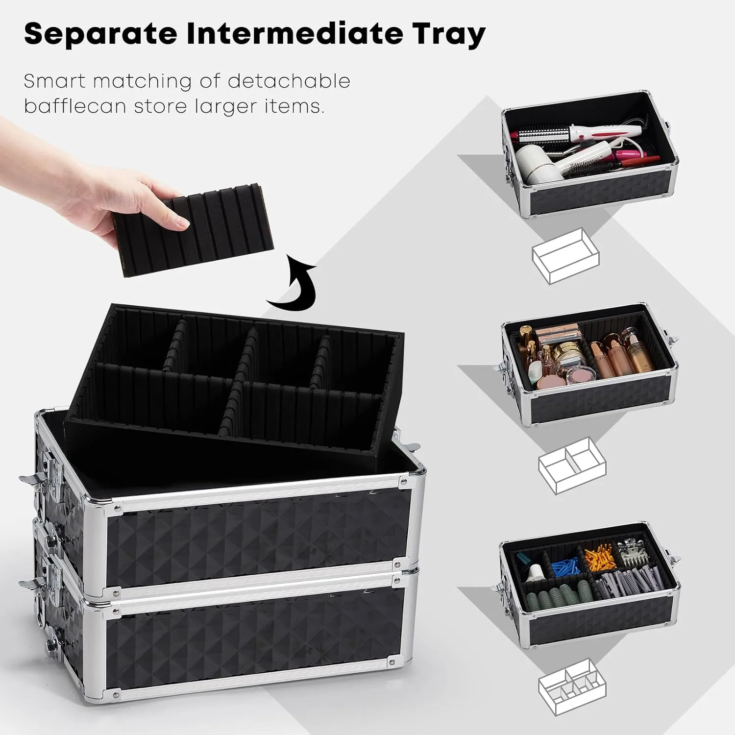 Rolling Makeup Case with Wheels Professional 4 in 1 Cosmetic Train Case and Cosmetology Cart Trunk for Makeup Artists Hairstylists Nail Techs and Salons Large Storage Capacity, Black