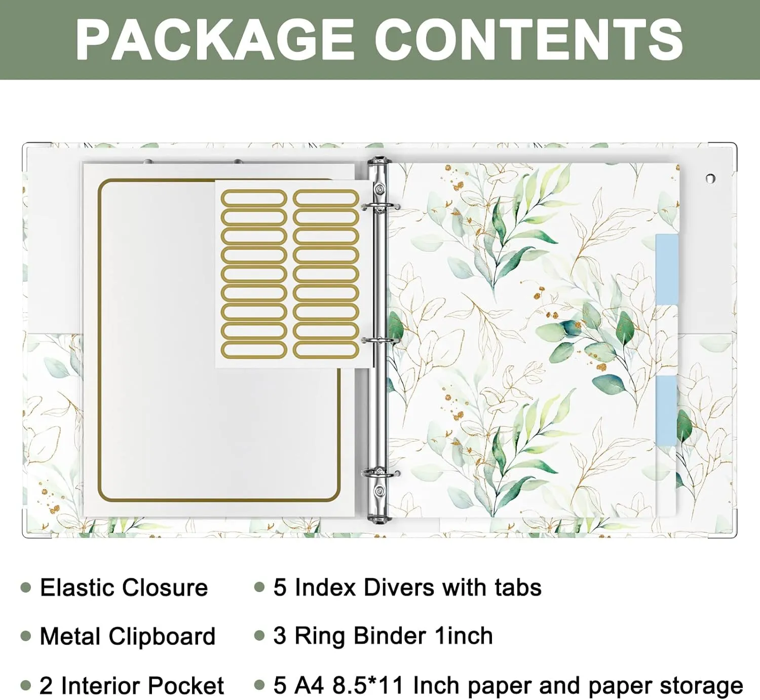 Rouidr 3 Ring Binder with clipboard, 1 inch 8.5 x 11 in Letter Size View Binders Organizer with Dividers Tabs & Clear Sleeves, School Supplies, Office Supplies, Leaves