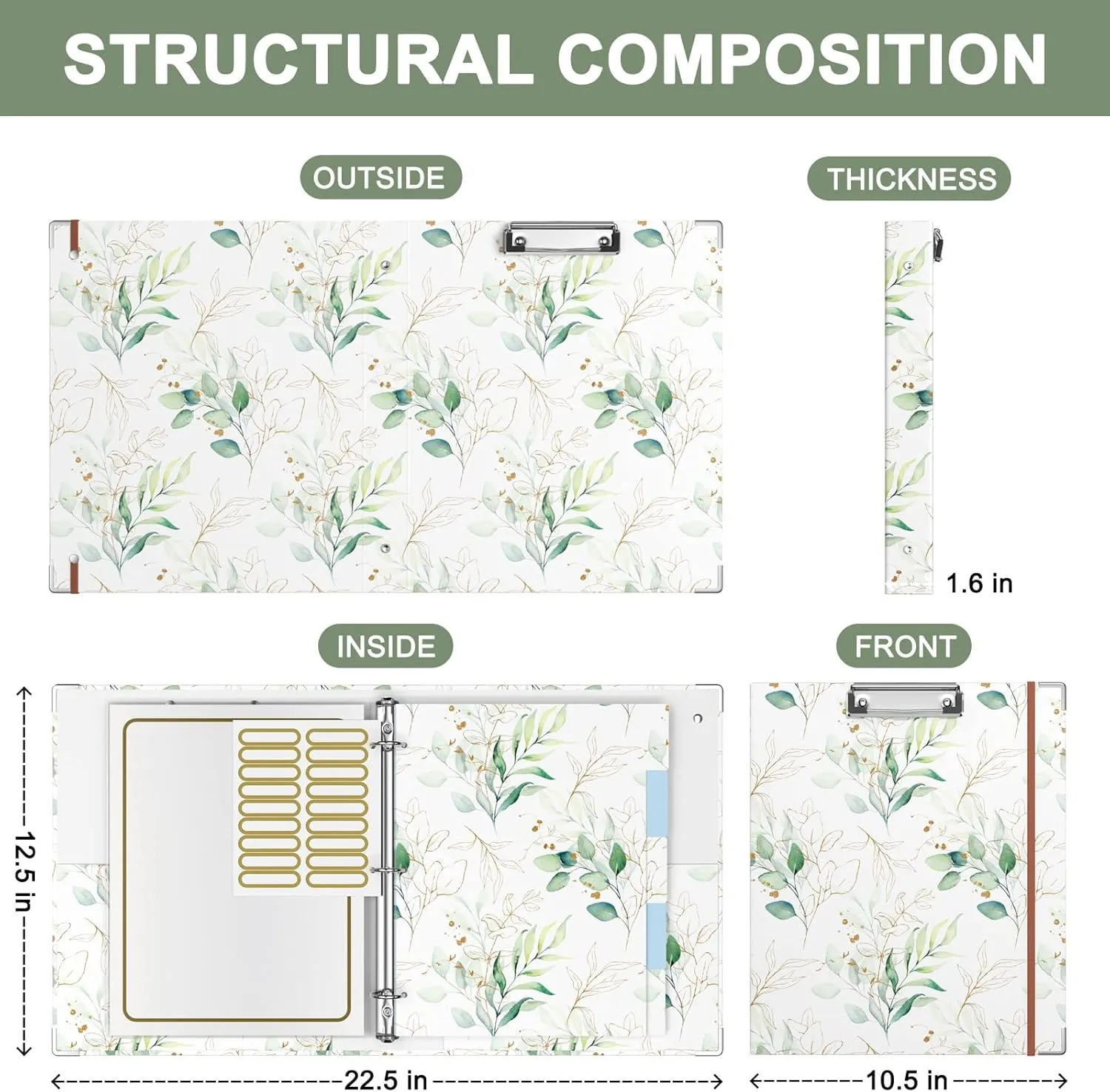 Rouidr 3 Ring Binder with clipboard, 1 inch 8.5 x 11 in Letter Size View Binders Organizer with Dividers Tabs & Clear Sleeves, School Supplies, Office Supplies, Leaves