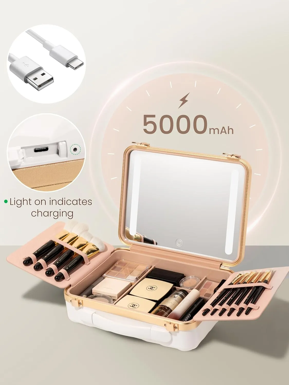 ROWNYEON Travel Makeup Case With Light Up Mirror - Portable Organizer and Train Case for Makeup Artists and Hairstylists with 5x Mirror(White)