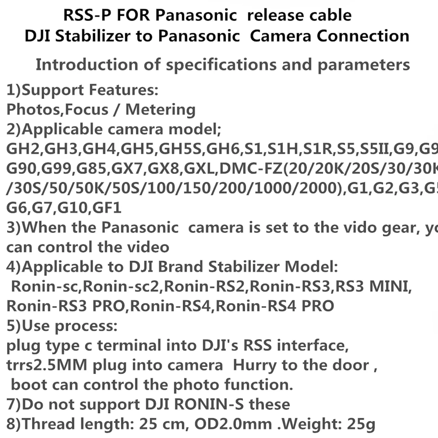 RSS-P for DJI Ronin stabilizer Connected to GH Remote Shutter Cable Camera and Video Shutter Release Control Cable s5 s5m2x gh4 gh5 g85 g9 gh6 Connected to sc rs2 rs3/Mini/pro rs4/pro