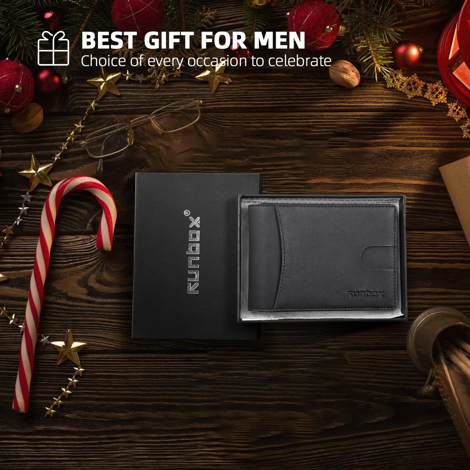 RUNBOX Genuine Leather Slim Wallet for Men RFID Blocking Bifold Minimalist Front Pocket Mens Wallet with Money Clip Thin Gift Box