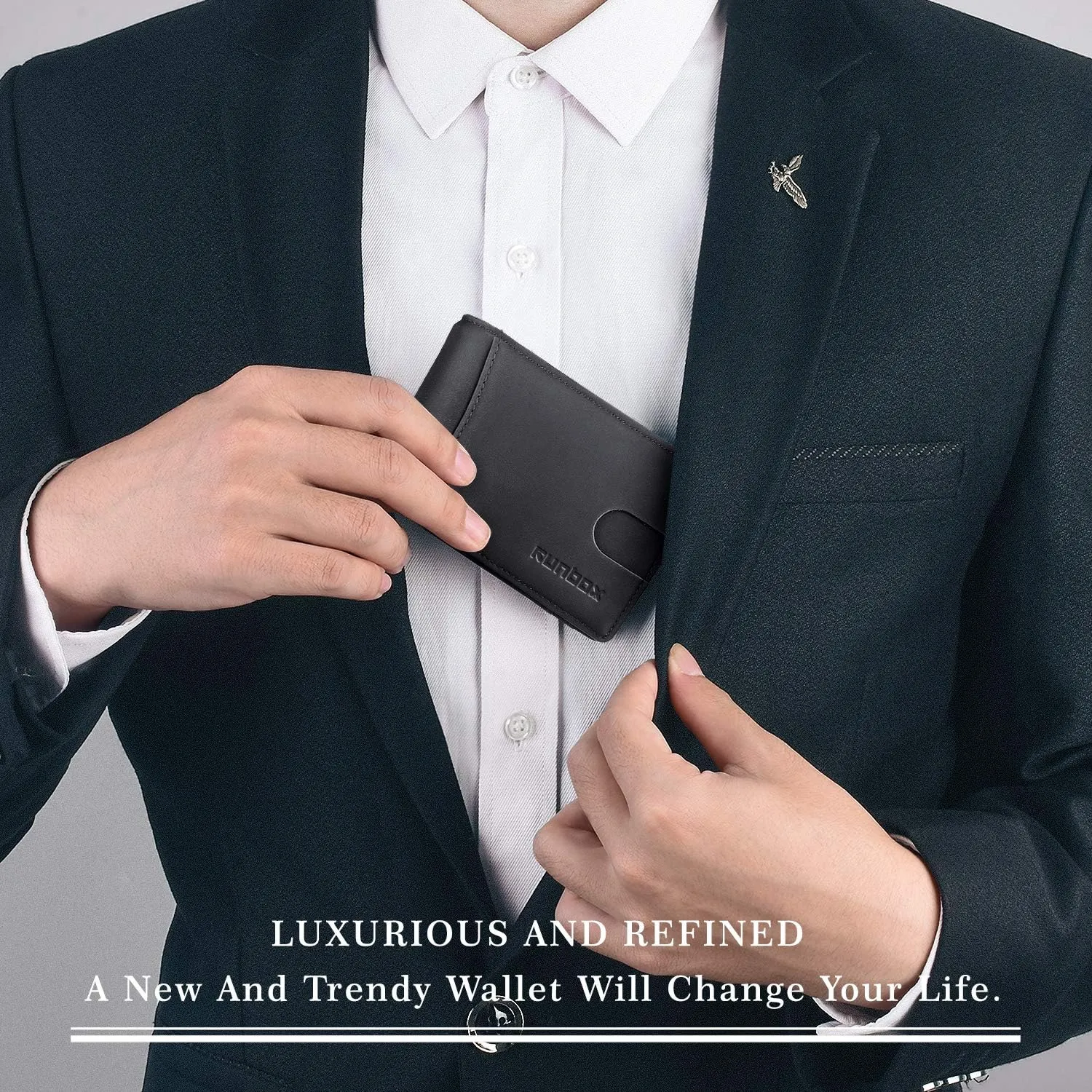 RUNBOX Genuine Leather Slim Wallet for Men RFID Blocking Bifold Minimalist Front Pocket Mens Wallet with Money Clip Thin Gift Box