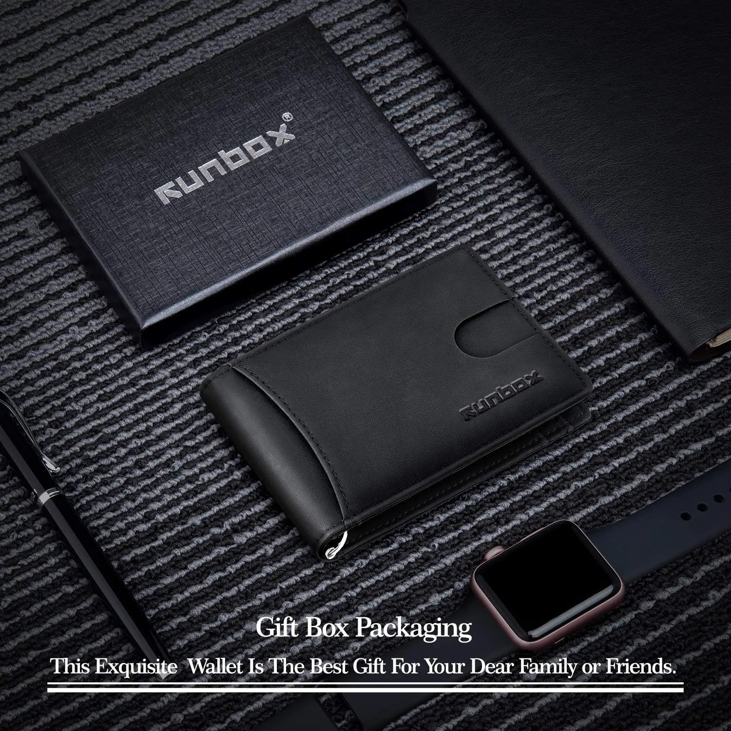 RUNBOX Genuine Leather Slim Wallet for Men RFID Blocking Bifold Minimalist Front Pocket Mens Wallet with Money Clip Thin Gift Box