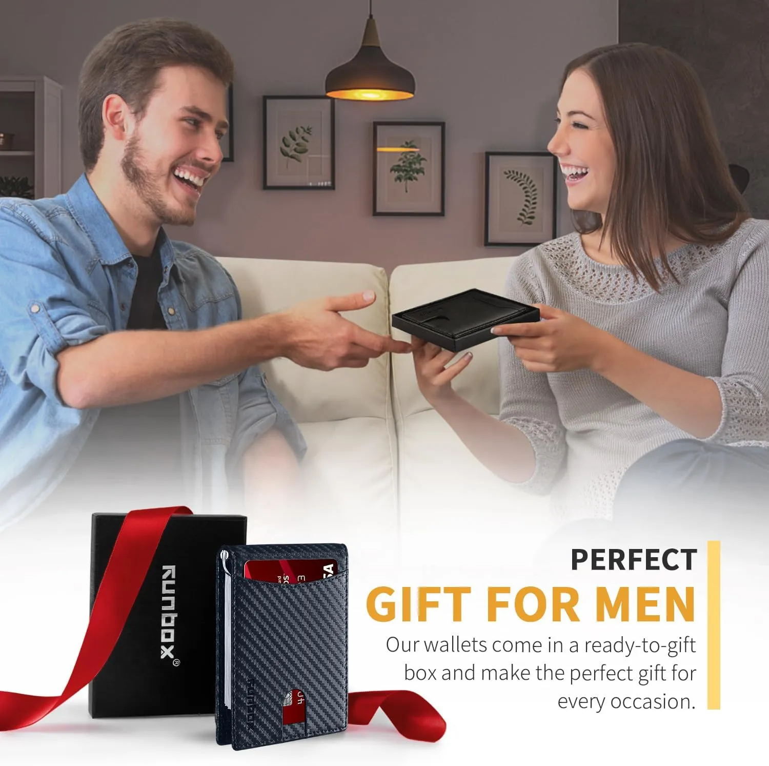 RUNBOX Genuine Leather Slim Wallet for Men RFID Blocking Bifold Minimalist Front Pocket Mens Wallet with Money Clip Thin Gift Box
