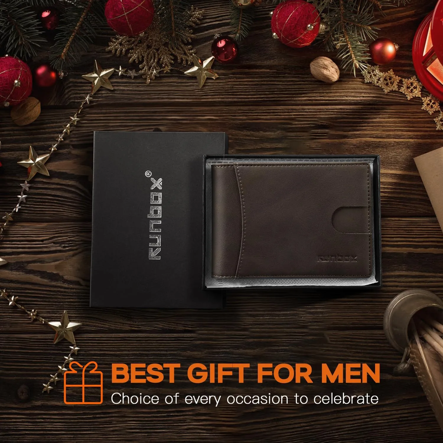 RUNBOX Genuine Leather Slim Wallet for Men RFID Blocking Bifold Minimalist Front Pocket Mens Wallet with Money Clip Thin Gift Box