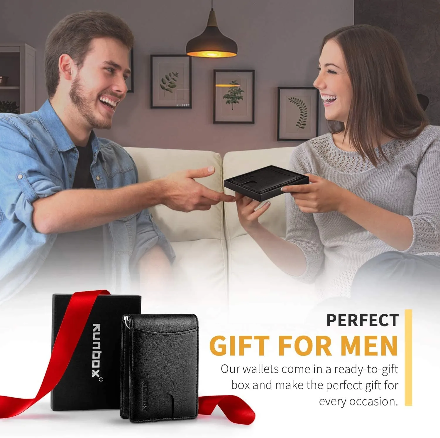 RUNBOX Genuine Leather Slim Wallet for Men RFID Blocking Bifold Minimalist Front Pocket Mens Wallet with Money Clip Thin Gift Box