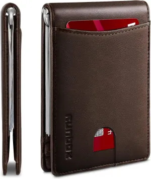 RUNBOX RFID Blocking Genuine Leather Slim Wallet for Men Bifold Minimalist Front Pocket Mens Wallet with Money Clip Thin Gift Box