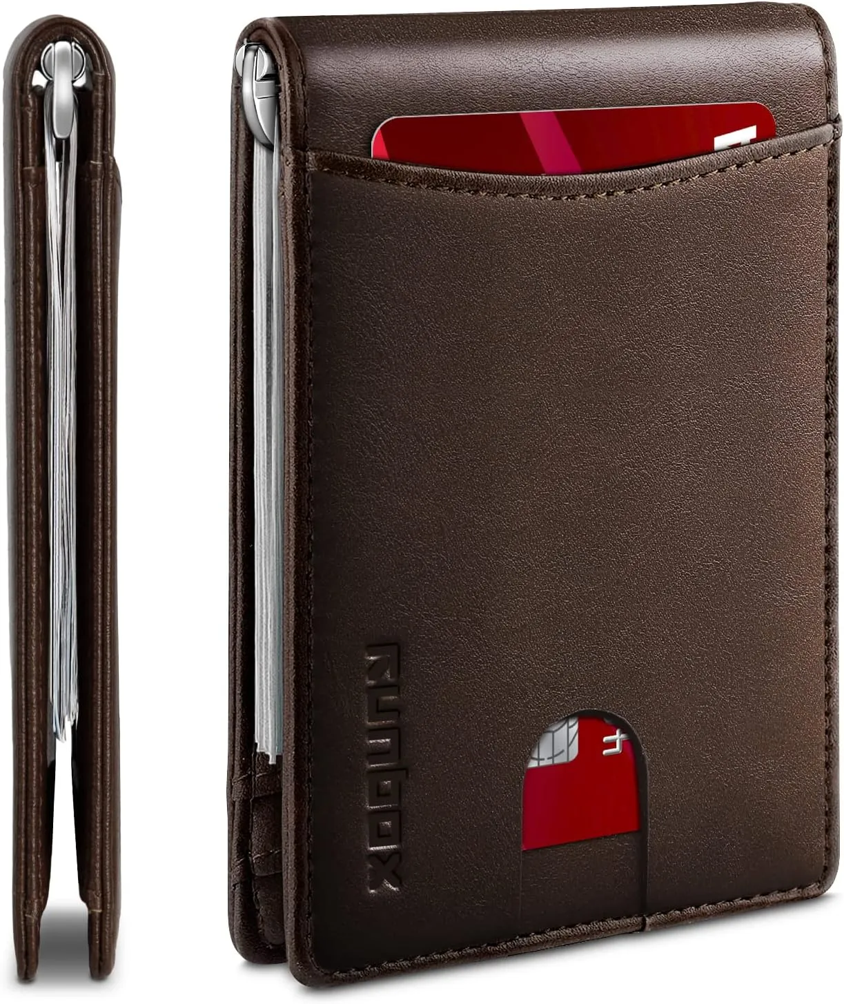 RUNBOX RFID Blocking Genuine Leather Slim Wallet for Men Bifold Minimalist Front Pocket Mens Wallet with Money Clip Thin Gift Box