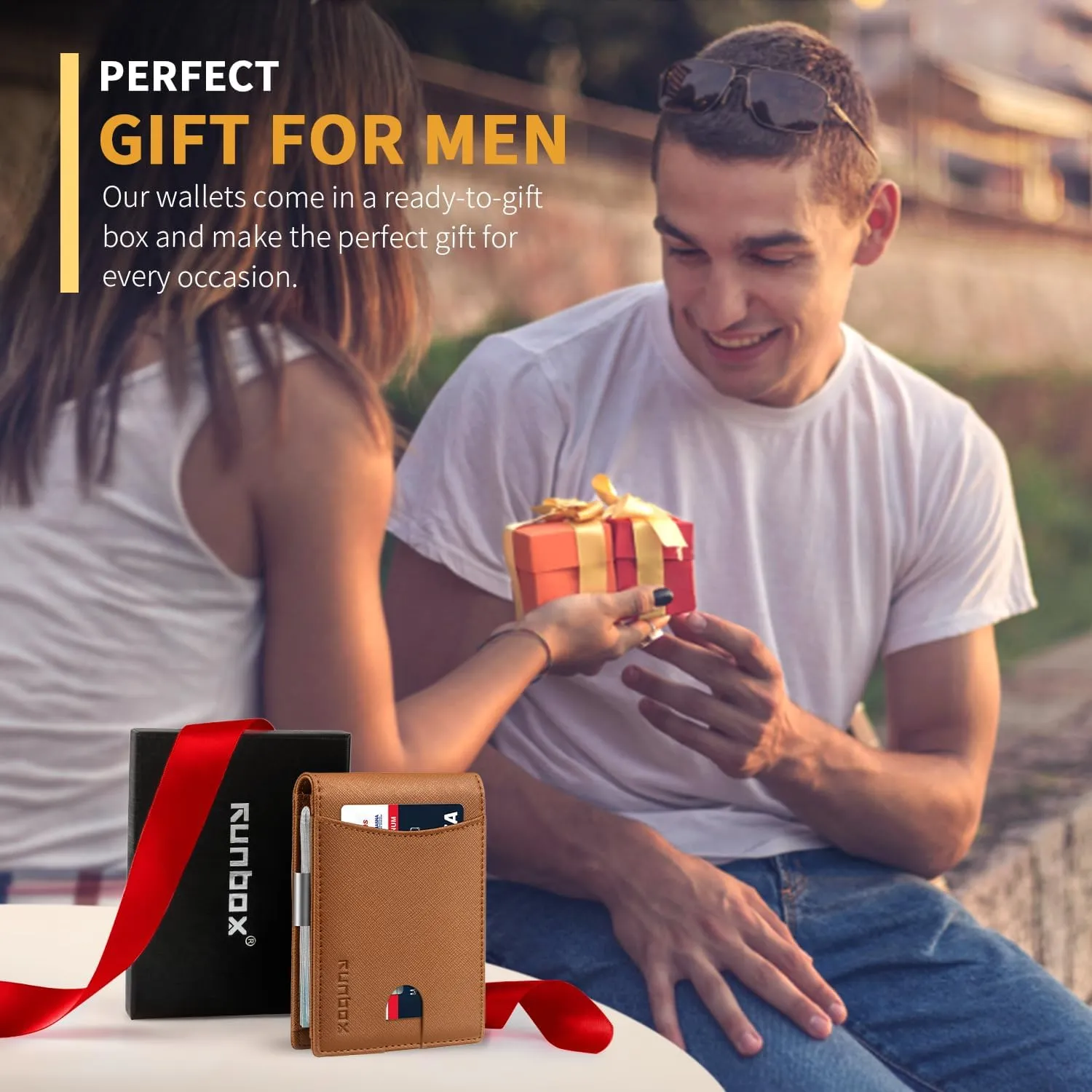 RUNBOX Slim Money Clip Wallets for Men RFID Blocking 11 Card Holder Minimalist Small Leather Bifold Men's Front Pocket Wallet Gift Box