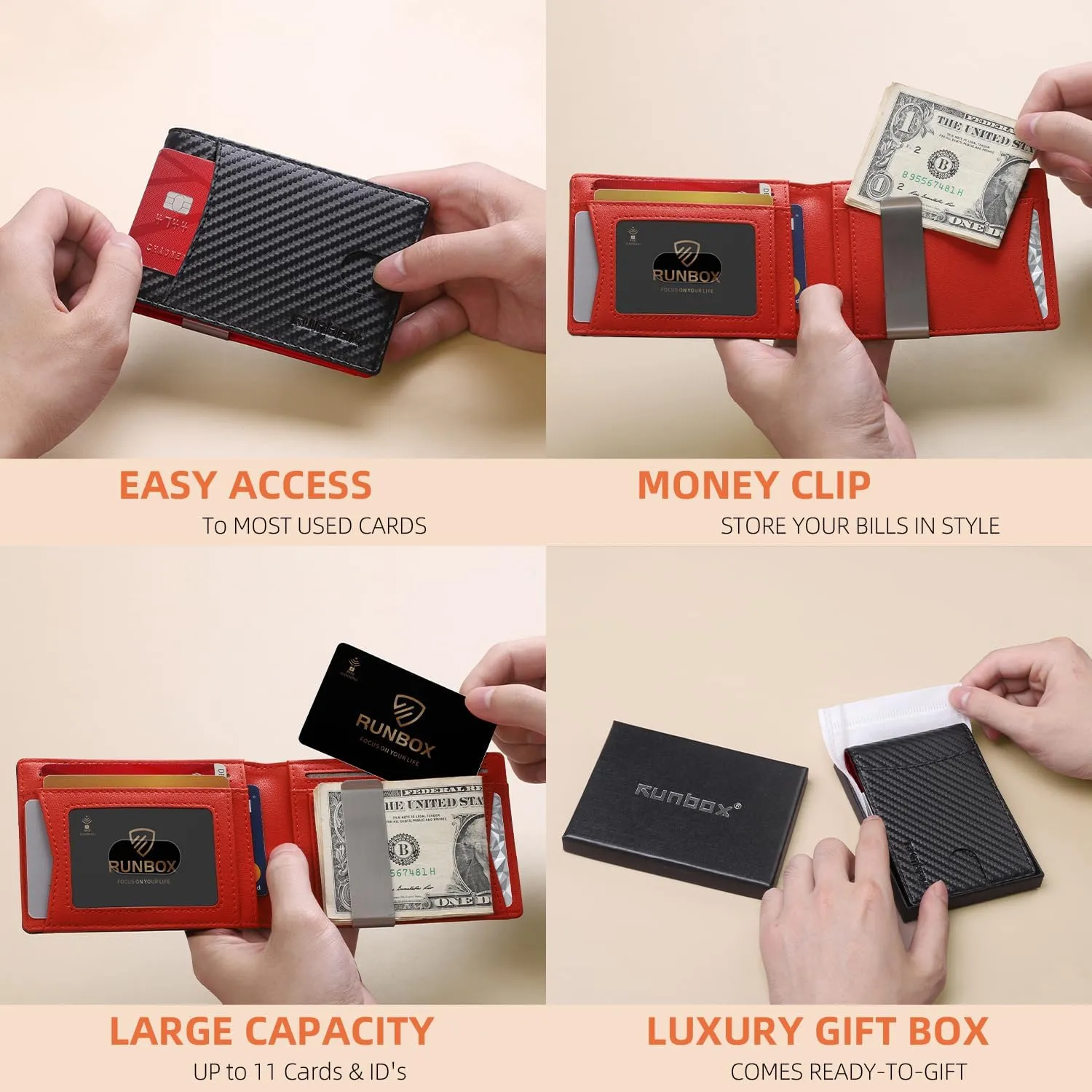 RUNBOX Slim Money Clip Wallets for Men RFID Blocking 11 Card Holder Minimalist Small Leather Bifold Men's Front Pocket Wallet Gift Box