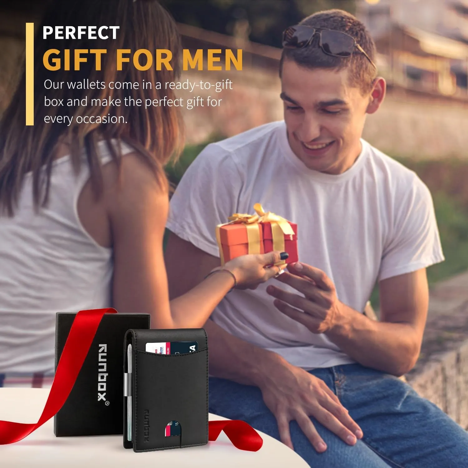 RUNBOX Slim Money Clip Wallets for Men RFID Blocking 11 Card Holder Minimalist Small Leather Bifold Men's Front Pocket Wallet Gift Box