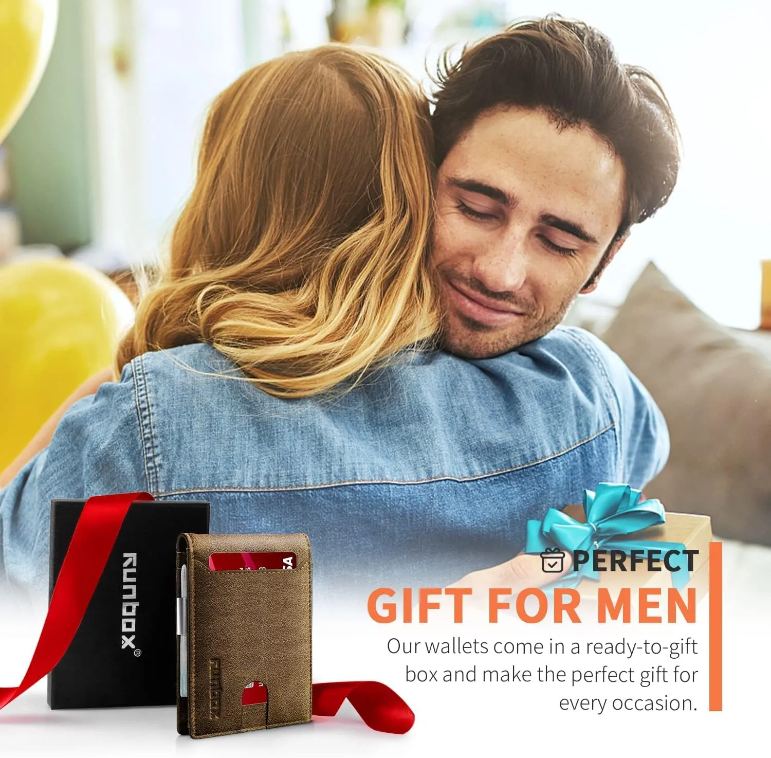 RUNBOX Slim Wallets for Men - Leather Money Clip Mens Wallet - RFID Blocking Front Pocket Bifold Wallet - Minimalist Credit Card Holder with Gift Box