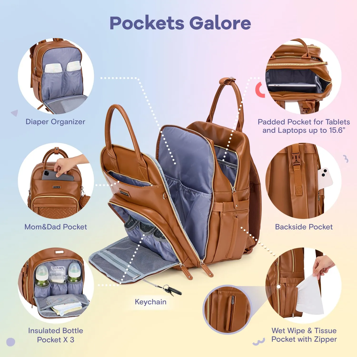 RUVALINO Diaper Bag Backpack, Multifunction Travel Pack Maternity Baby Changing Bags, Large Capacity, Waterproof, Brown