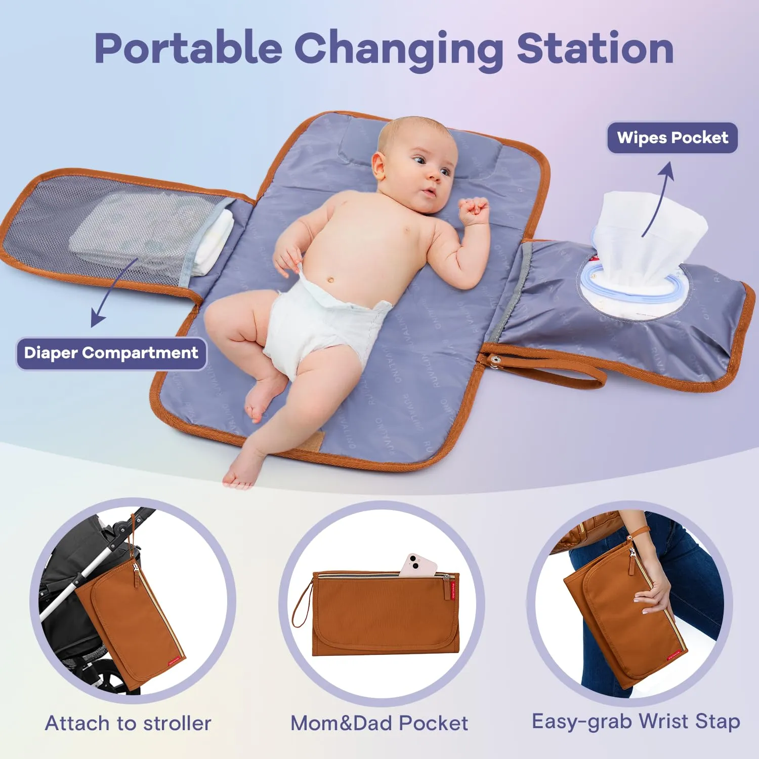 RUVALINO Diaper Bag Backpack, Multifunction Travel Pack Maternity Baby Changing Bags, Large Capacity, Waterproof, Brown