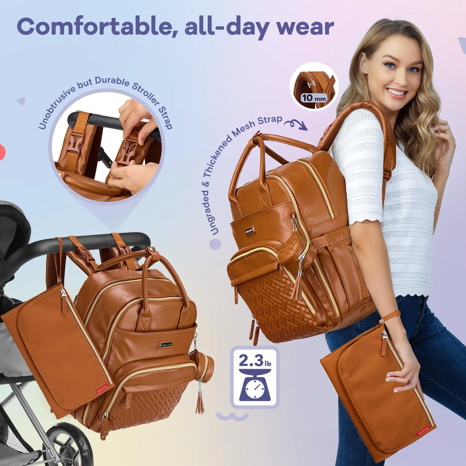 RUVALINO Diaper Bag Backpack, Multifunction Travel Pack Maternity Baby Changing Bags, Large Capacity, Waterproof, Brown