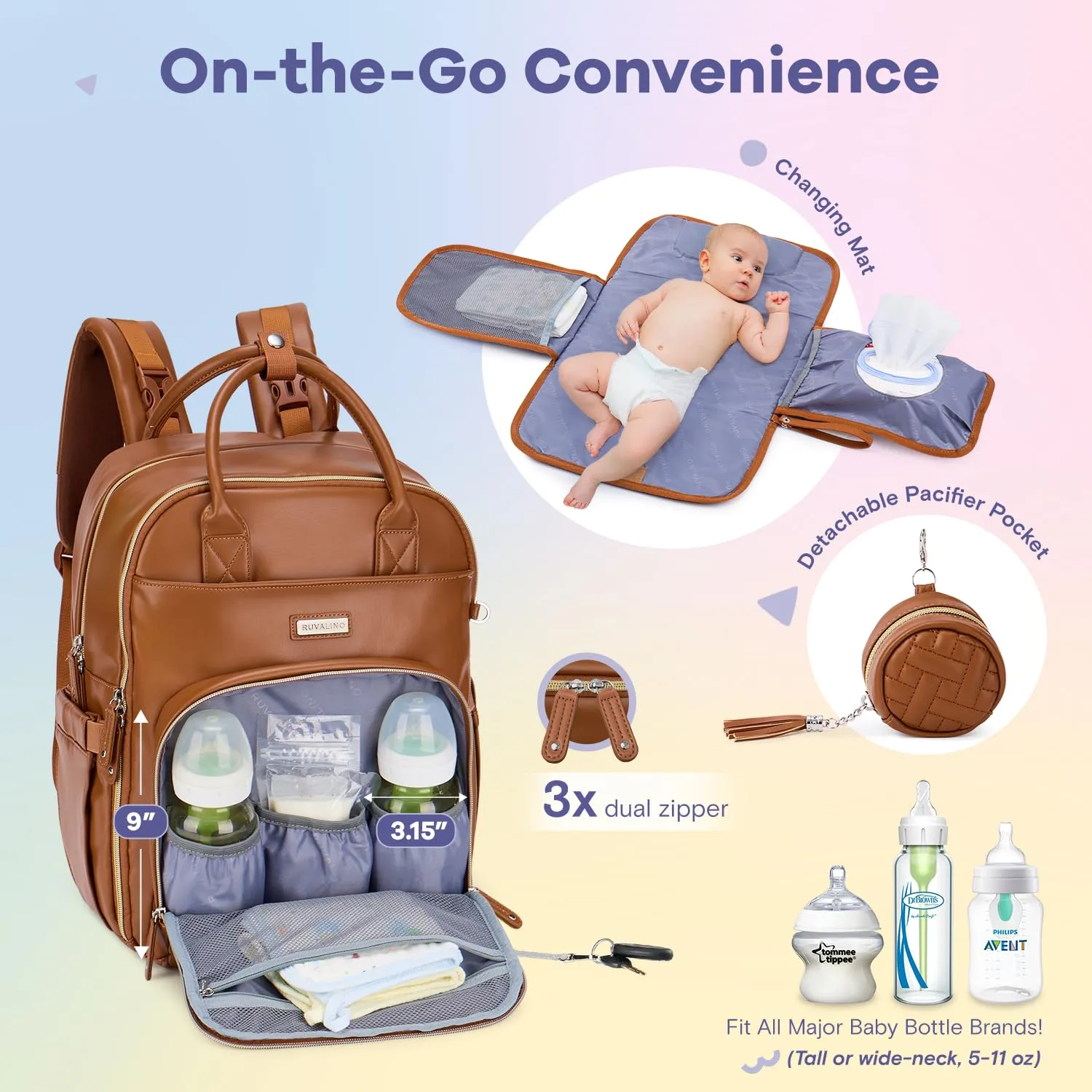RUVALINO Diaper Bag Backpack, Multifunction Travel Pack Maternity Baby Changing Bags, Large Capacity, Waterproof, Brown