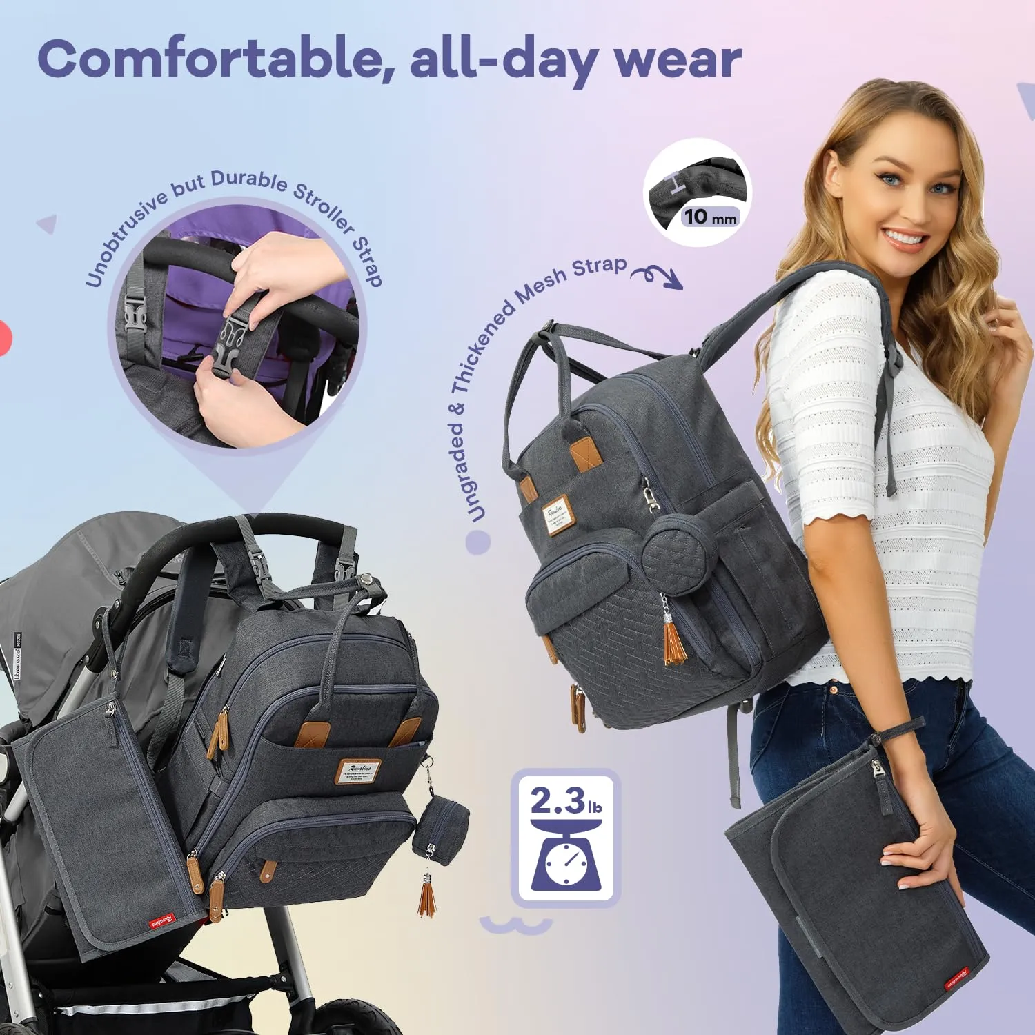 RUVALINO Diaper Bag Backpack, Multifunction Travel Pack Maternity Baby Changing Bags, Large Capacity, Waterproof, Dark Gray