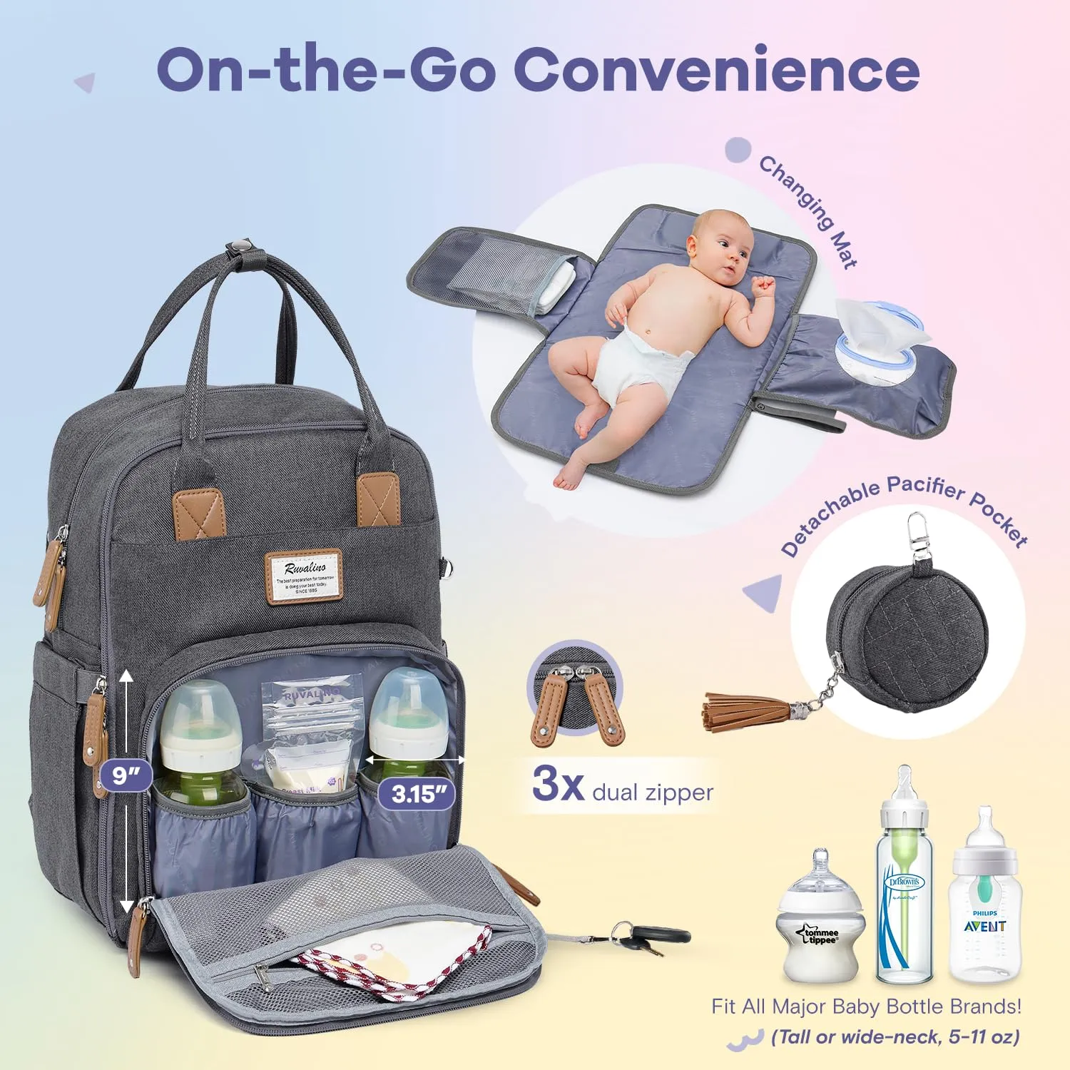 RUVALINO Diaper Bag Backpack, Multifunction Travel Pack Maternity Baby Changing Bags, Large Capacity, Waterproof, Dark Gray