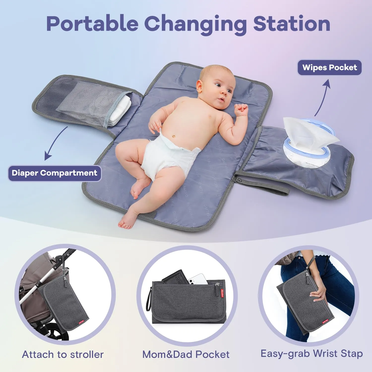 RUVALINO Diaper Bag Backpack, Multifunction Travel Pack Maternity Baby Changing Bags, Large Capacity, Waterproof, Dark Gray