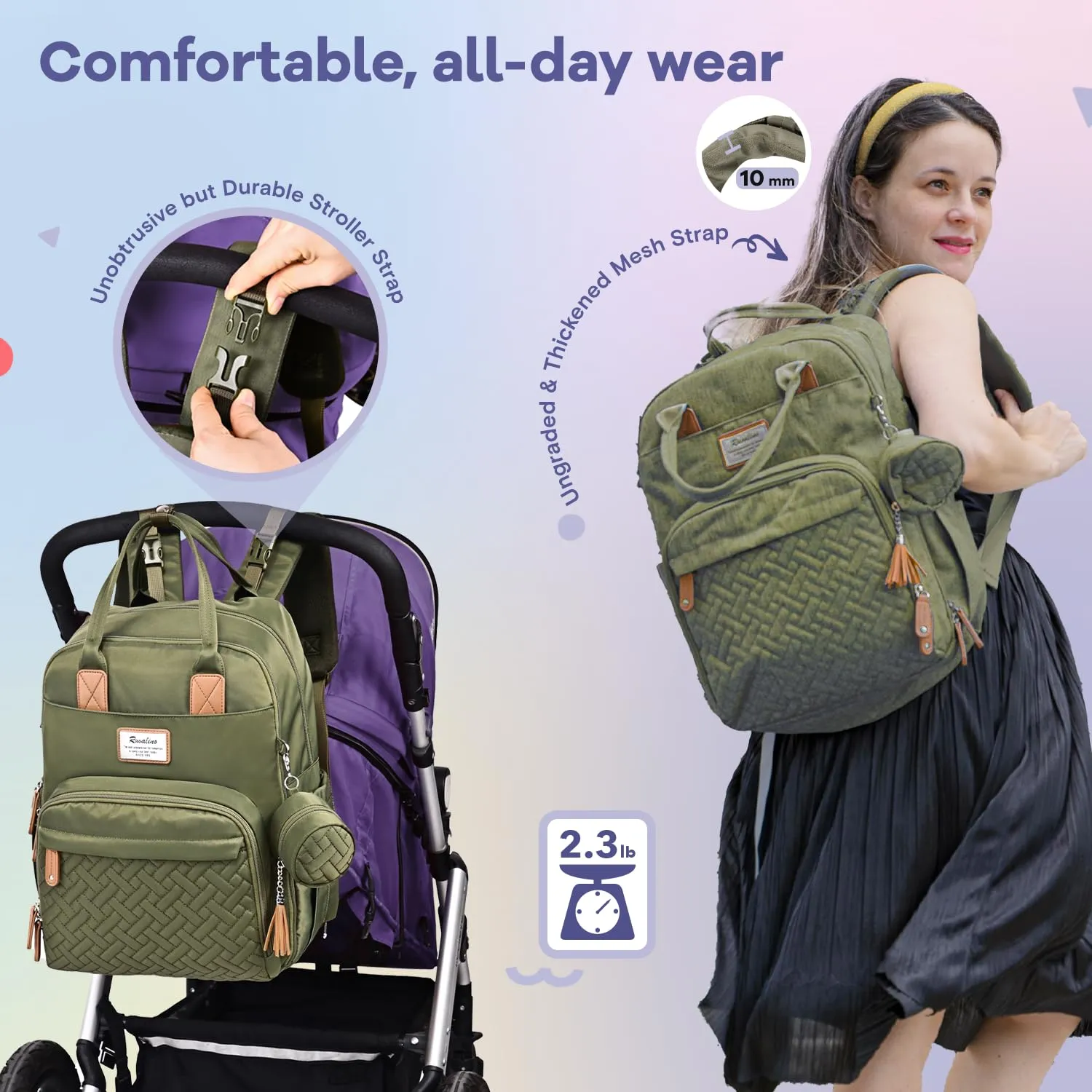 RUVALINO Diaper Bag Backpack, Multifunction Travel Pack Maternity Baby Changing Bags, Large Capacity, Waterproof, Olive Green