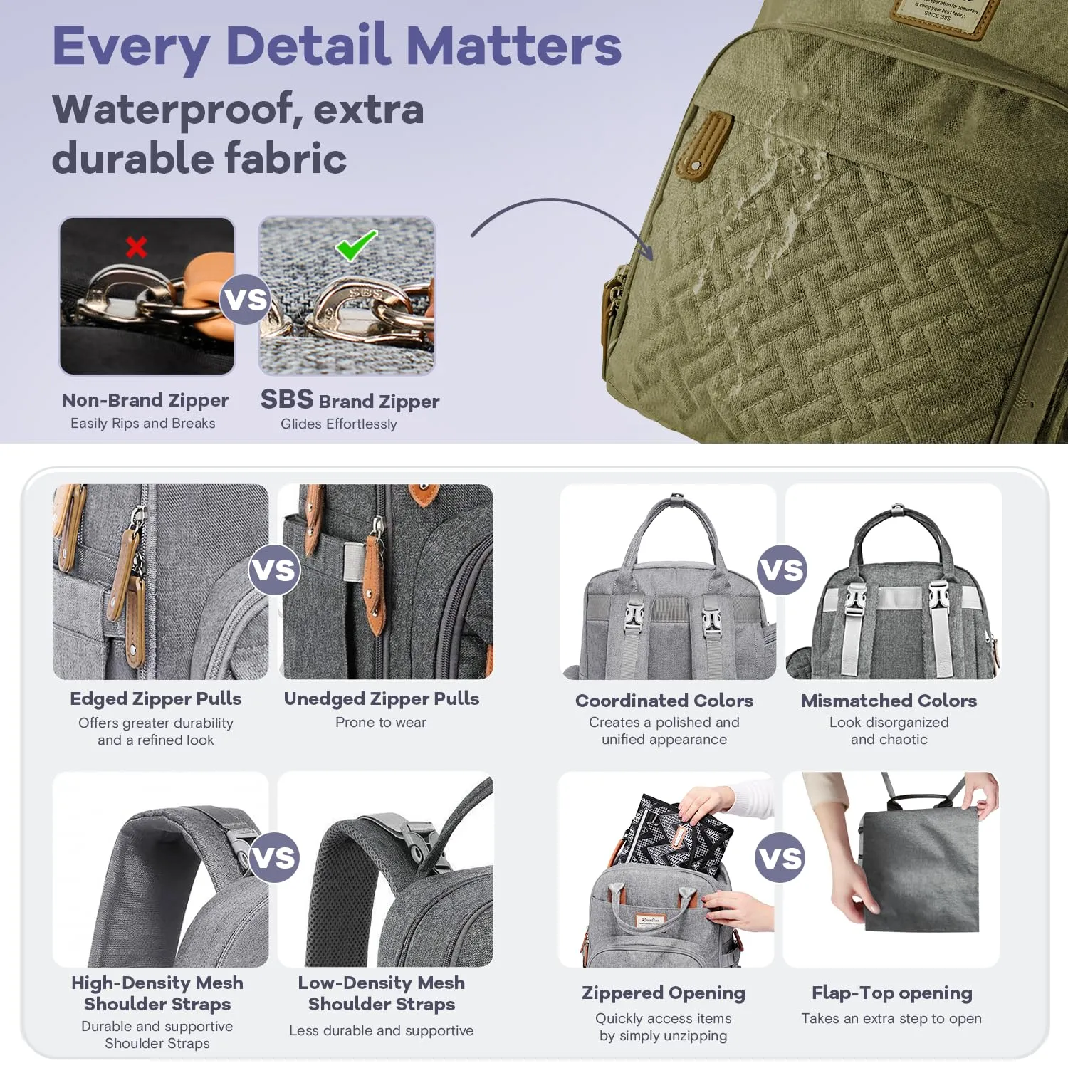 RUVALINO Diaper Bag Backpack, Multifunction Travel Pack Maternity Baby Changing Bags, Large Capacity, Waterproof, Olive Green