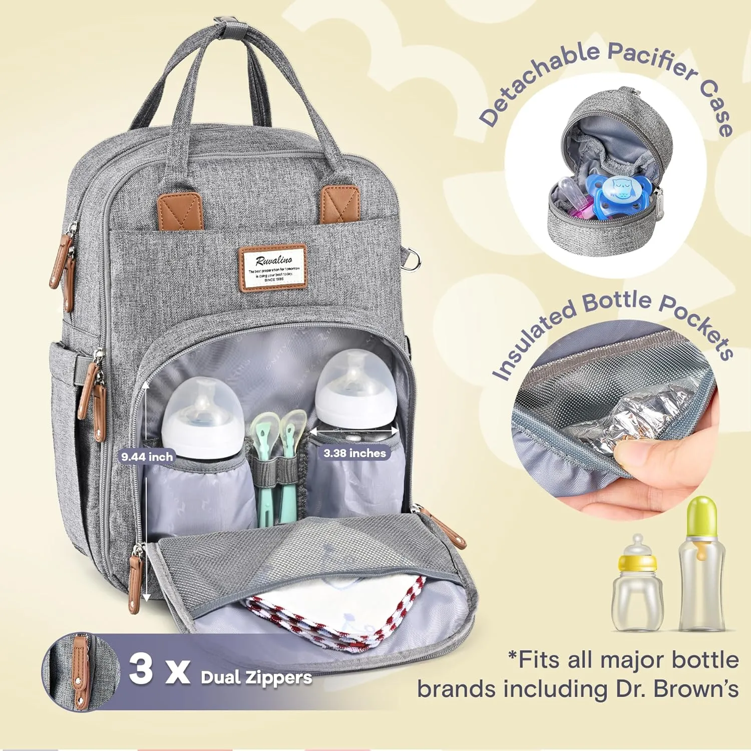 RUVALINO Diaper Bag Backpack - Multifunction Waterproof Travel Backpack, Baby Bag with Changing Pad & Stroller D-Ring & Pacifier Case - Travel Essentials & Baby Registry Search & Shower Gifts - Gray