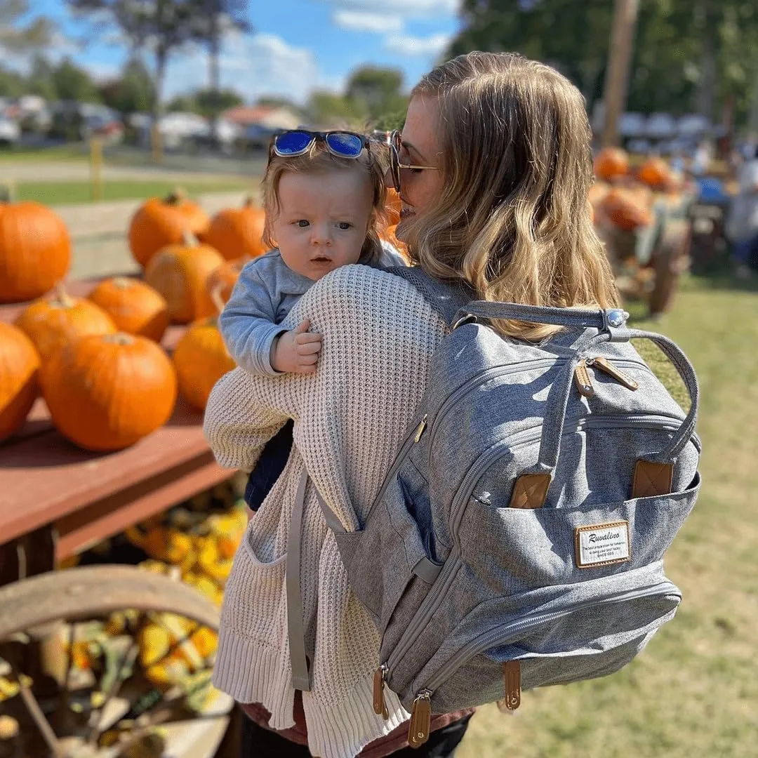 RUVALINO Diaper Bag Backpack - Multifunction Waterproof Travel Backpack, Baby Bag with Changing Pad & Stroller D-Ring & Pacifier Case - Travel Essentials & Baby Registry Search & Shower Gifts - Gray