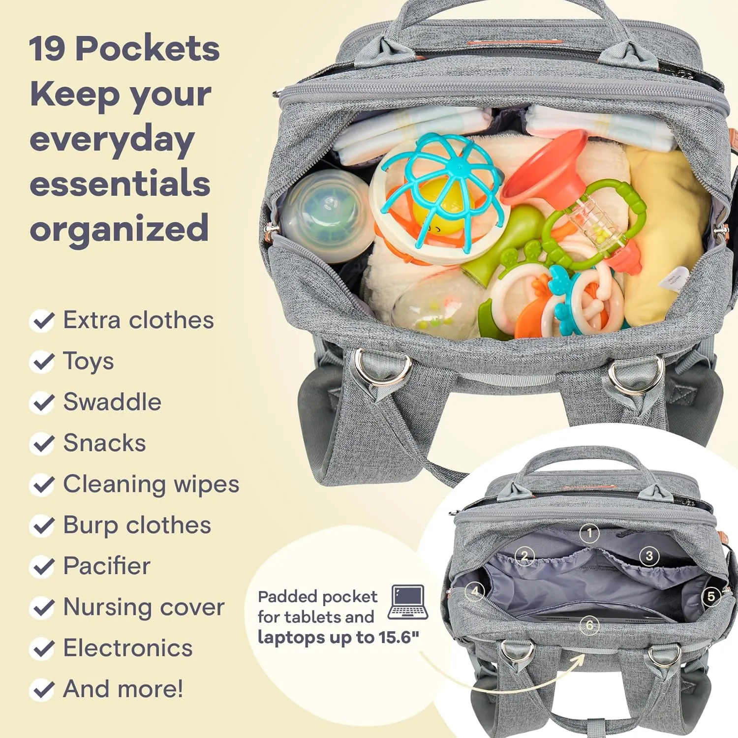 RUVALINO Diaper Bag Backpack - Multifunction Waterproof Travel Backpack, Baby Bag with Changing Pad & Stroller D-Ring & Pacifier Case - Travel Essentials & Baby Registry Search & Shower Gifts - Gray