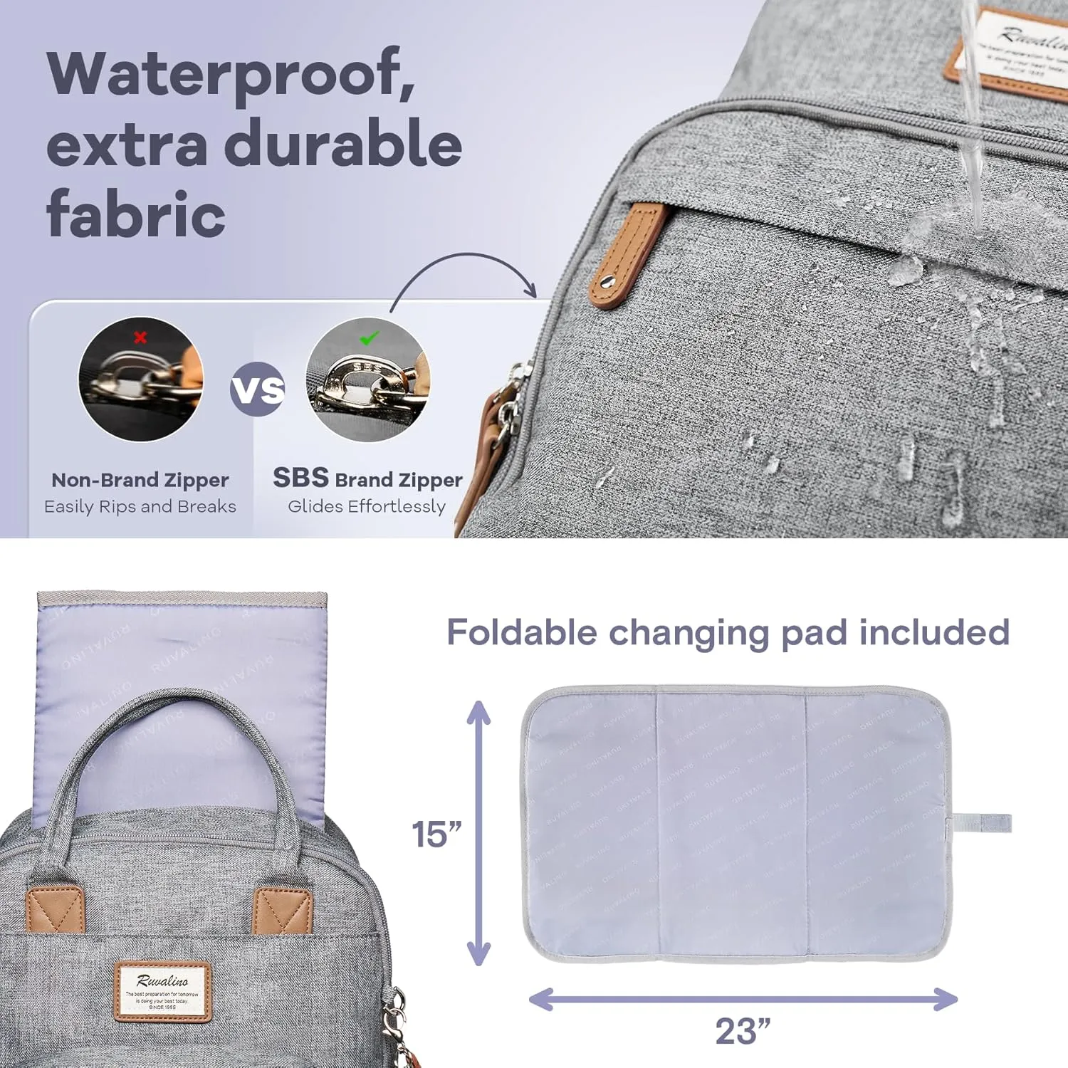 RUVALINO Diaper Bag Backpack - Multifunction Waterproof Travel Backpack, Baby Bag with Changing Pad & Stroller D-Ring & Pacifier Case - Travel Essentials & Baby Registry Search & Shower Gifts - Gray