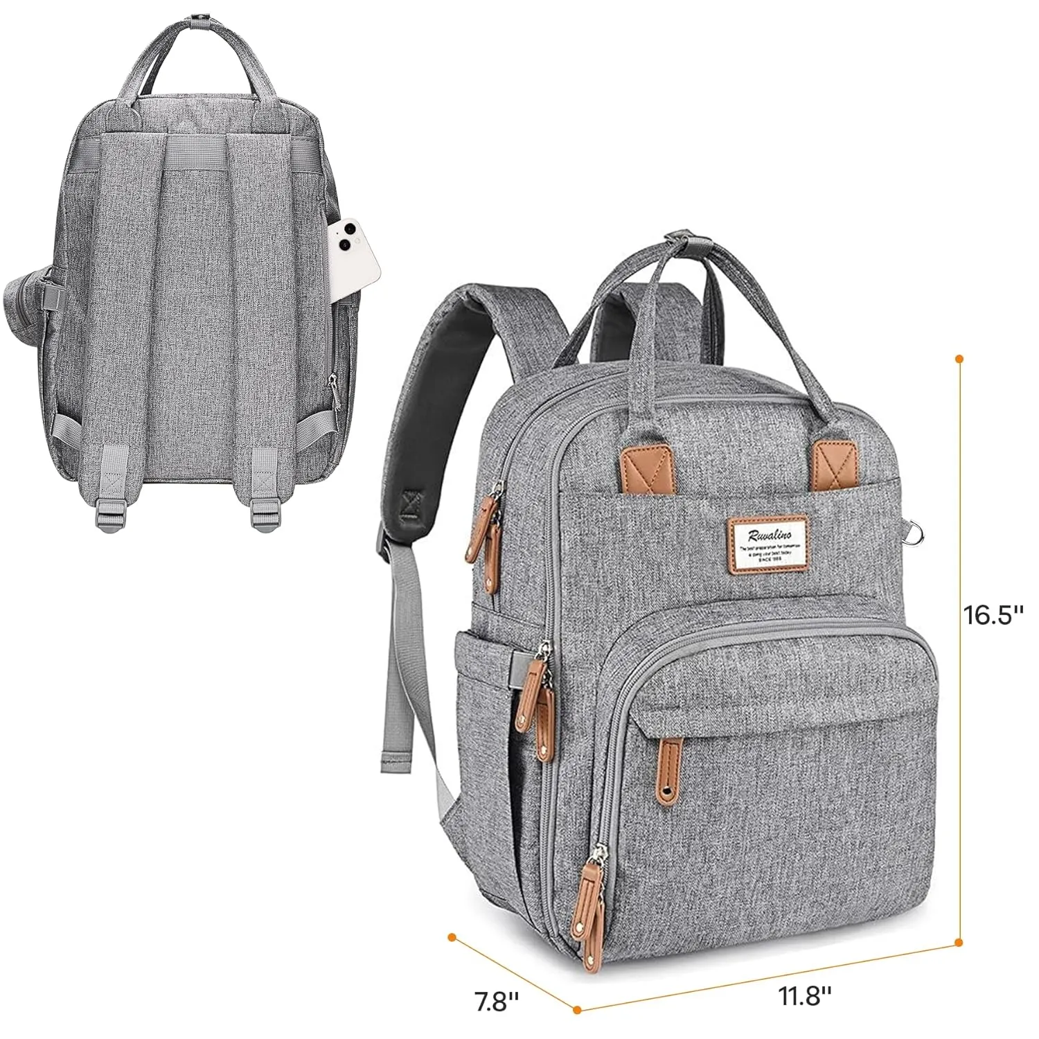 RUVALINO Diaper Bag Backpack - Multifunction Waterproof Travel Backpack, Baby Bag with Changing Pad & Stroller D-Ring & Pacifier Case - Travel Essentials & Baby Registry Search & Shower Gifts - Gray