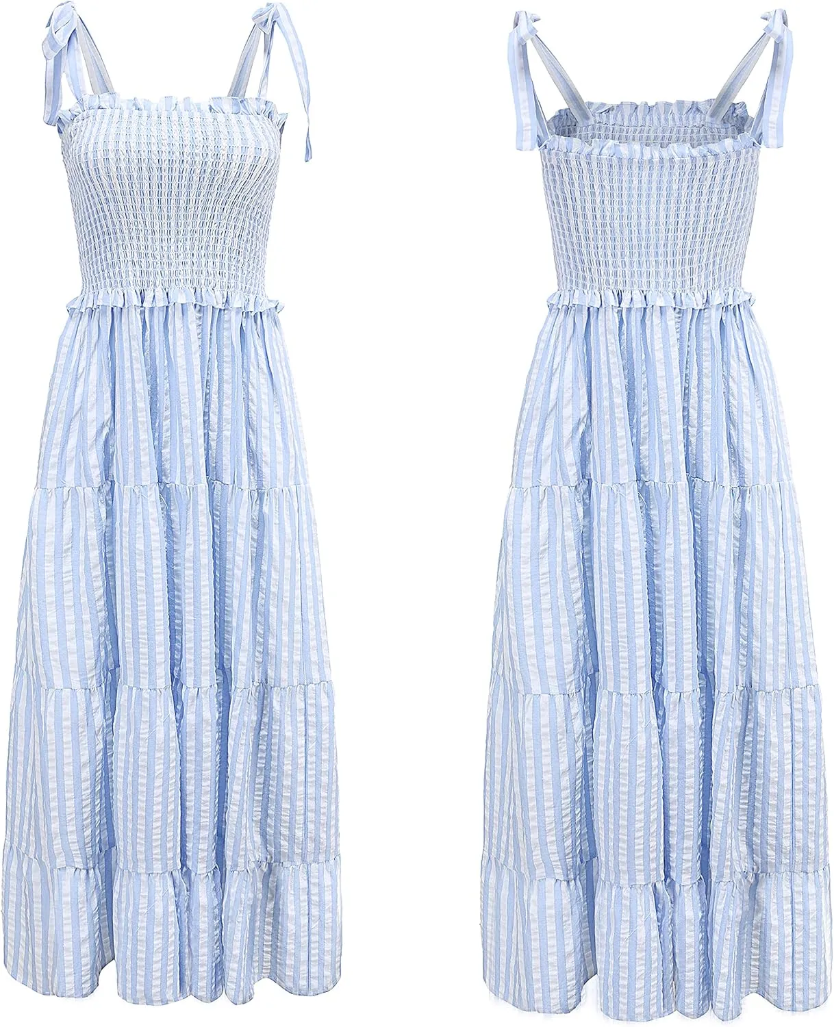 R.Vivimos Women's Summer Cotton Adjustable Straps Boho Stripe Casual Flowy A Line Midi Dress with Pockets