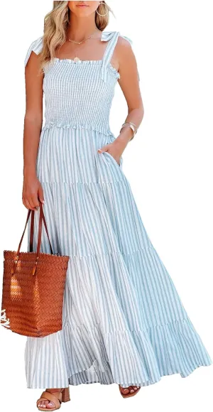 R.Vivimos Women's Summer Cotton Adjustable Straps Boho Stripe Casual Flowy A Line Midi Dress with Pockets
