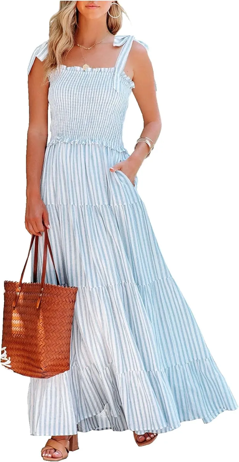 R.Vivimos Women's Summer Cotton Adjustable Straps Boho Stripe Casual Flowy A Line Midi Dress with Pockets