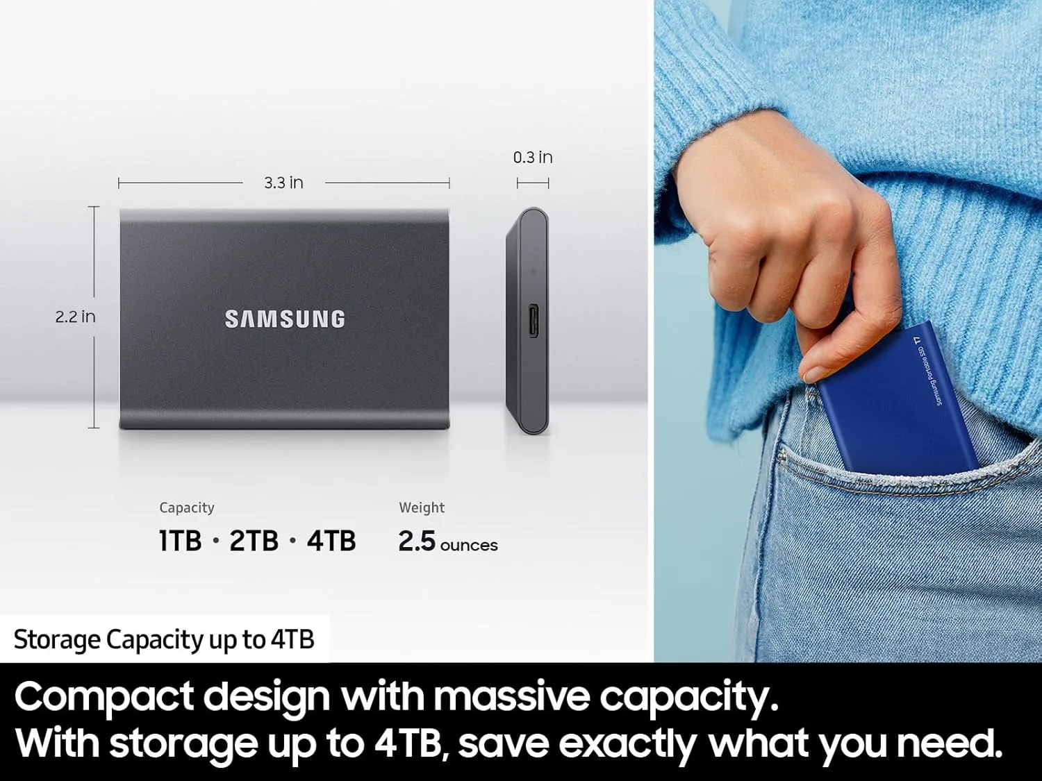 Samsung T7 Portable SSD, 2TB External Solid State Drive, Speeds Up to 1,050MB/s, USB 3.2 Gen 2, Reliable Storage for Gaming, Students, Professionals, MU-PC2T0T/AM, Gray