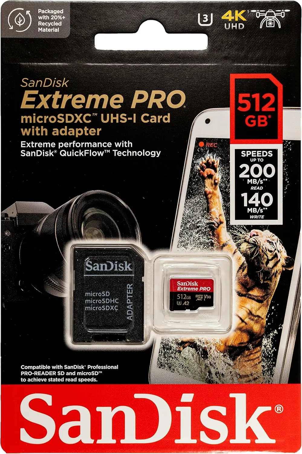 SanDisk 512GB microSDXC Extreme PRO Memory Card Compatible with DJI Air 3, Air 3S Drone and OSMO Action 4 (SDSQXCD-512G-GN6MA) V30 C10 Bundle with 1 Everything But Stromboli MicroSD & SD Card Reader
