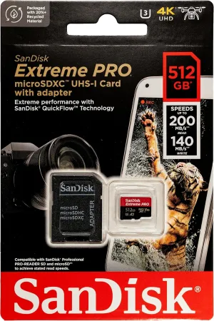 SanDisk 512GB microSDXC Extreme PRO Memory Card Compatible with DJI Air 3, Air 3S Drone and OSMO Action 4 (SDSQXCD-512G-GN6MA) V30 C10 Bundle with 1 Everything But Stromboli MicroSD & SD Card Reader