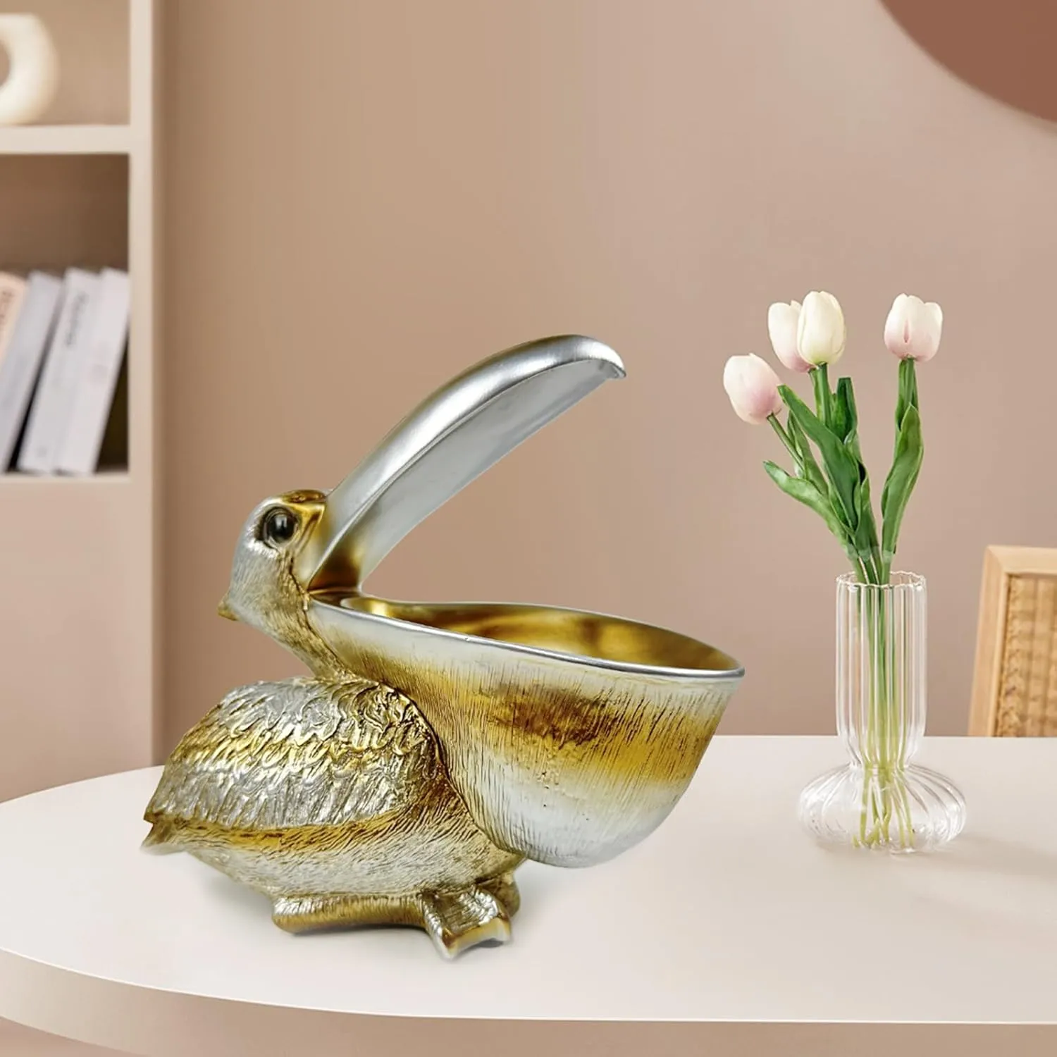 SanQing Creative Resin Statues Pelican Birds Statues Toucan Figurines Entrance Decor Ornament Candy Keys Bowl Storage Basket Table Home Bar Office (Silver)