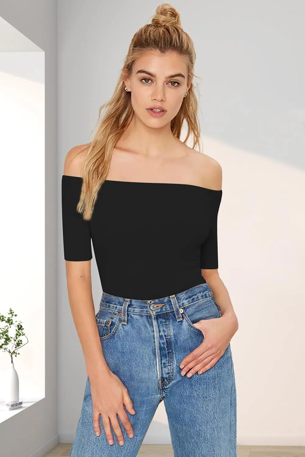 Sarin Mathews Women's Sexy Off The Shoulder Tops Long Sleeve Slim Fit Stretchy Shirts Blouses Top