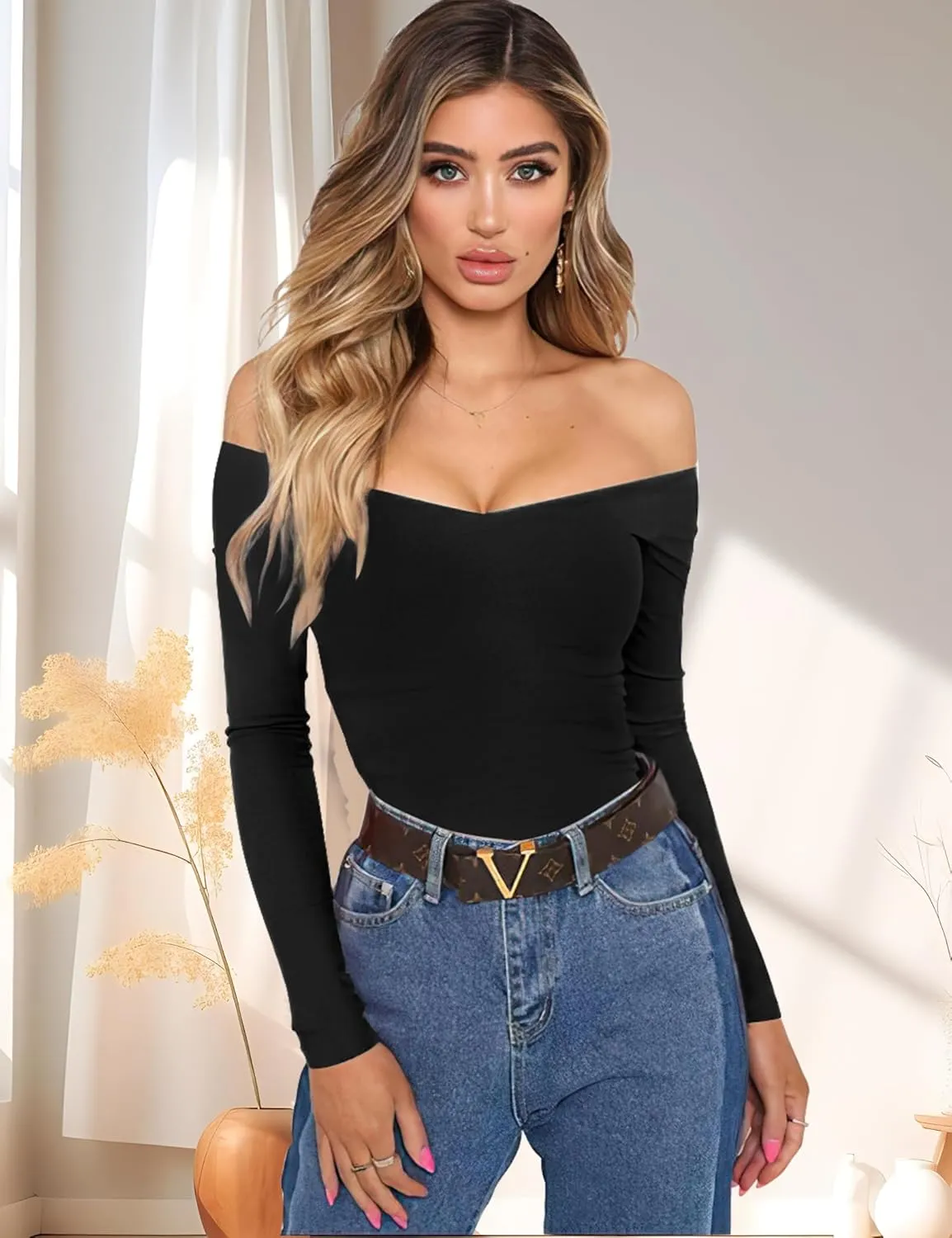 Sarin Mathews Womens Shirts Off The Shoulder Tops Sexy V Neck Slim Fit Shirts Tops Blouses