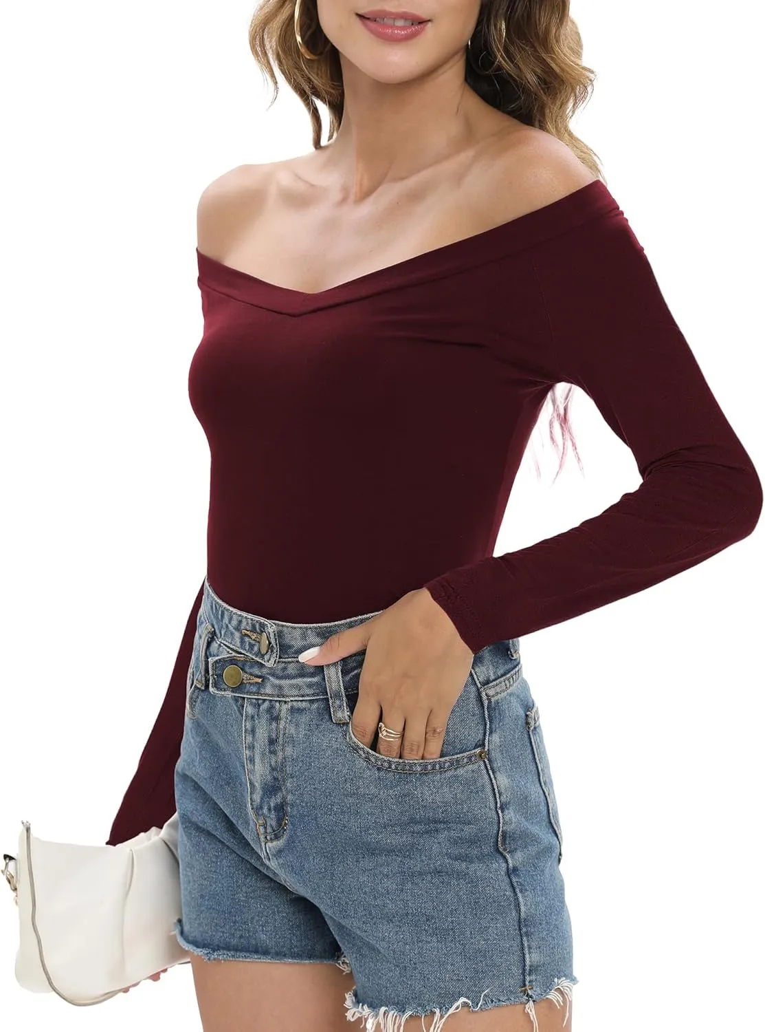 Sarin Mathews Womens Shirts Off The Shoulder Tops Sexy V Neck Slim Fit Shirts Tops Blouses